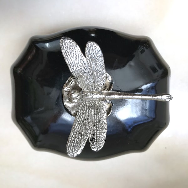 Libellule Wong Lee Vintage Boîte à bijoux en porcelaine noire libellule métal argenté 1970/1980