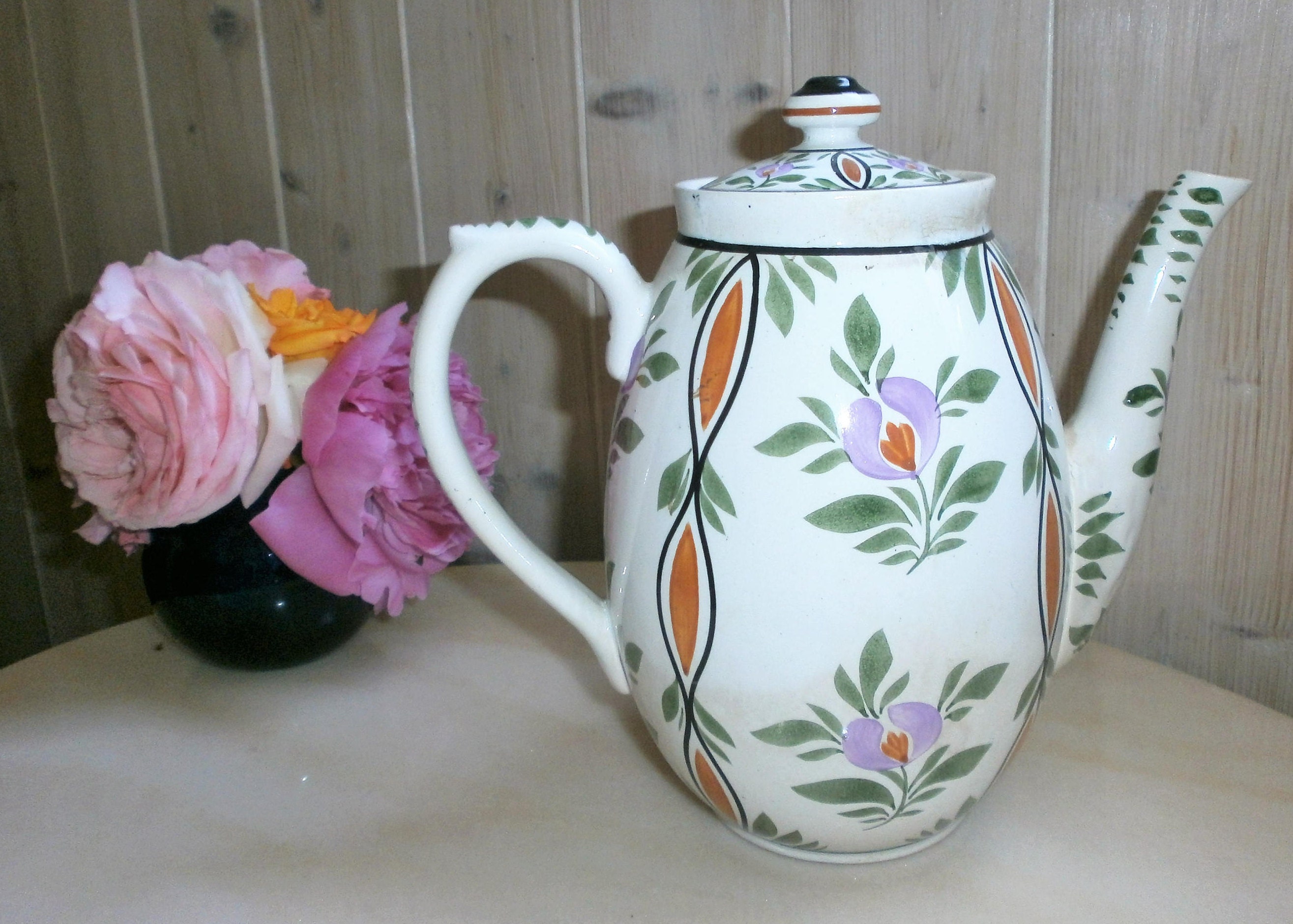Antique Cafetière//Societe Ceramique Maestricht//Spatterware//Dutch Folk Art//1918//Made in Hollande
