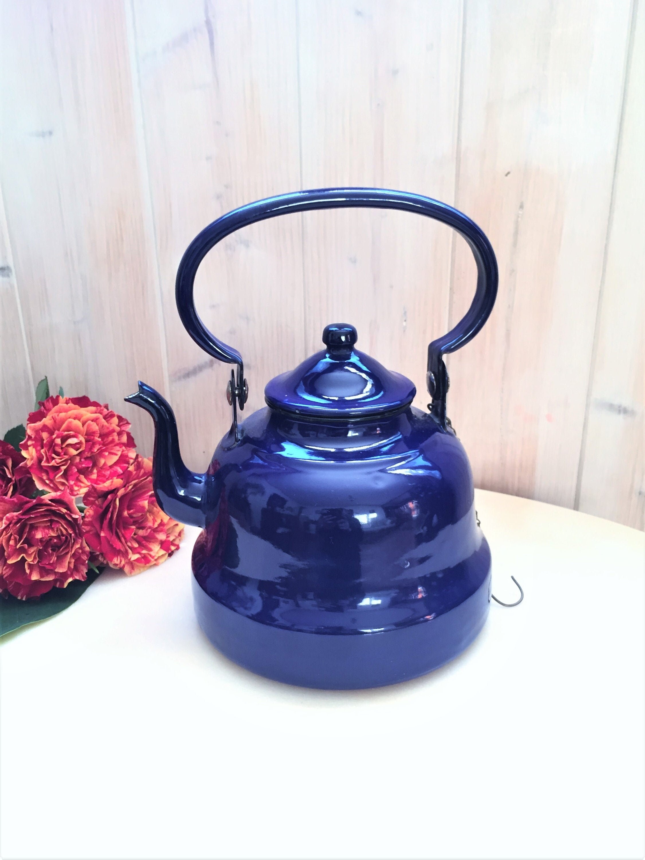 Magnifique Vintage Français Bouilloire Émaillée Bleu Cobalt Japy France 1950