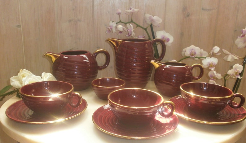 Fran\u00e7ais Vintage Retro Coffee Set Varnished Pottery Red /& Gold of St Clement France 1950s