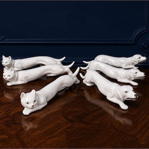 Knife Rests Cats and Dogs in German Porcelain, Vintage Art Deco Zoomorphic Set of 6 Figurines Germany 1920s - USA Duties Included