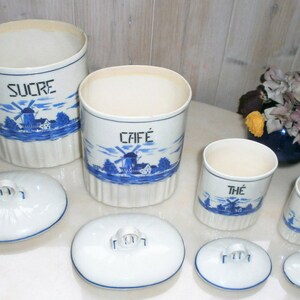 Vintage Spice Canisters White and blue Transferware earthenware Czechoslovakia 1937 zdjęcie 3