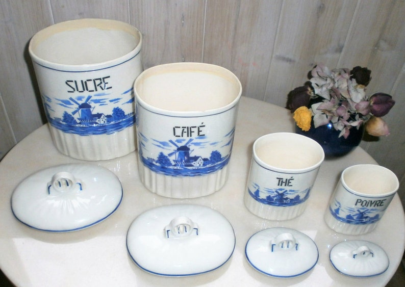 Vintage Spice Canisters White and blue Transferware earthenware Czechoslovakia 1937 zdjęcie 3