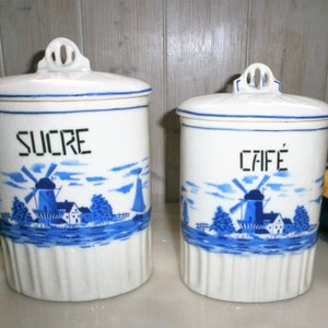 Vintage Spice Canisters White and blue Transferware earthenware Czechoslovakia 1937 image 2