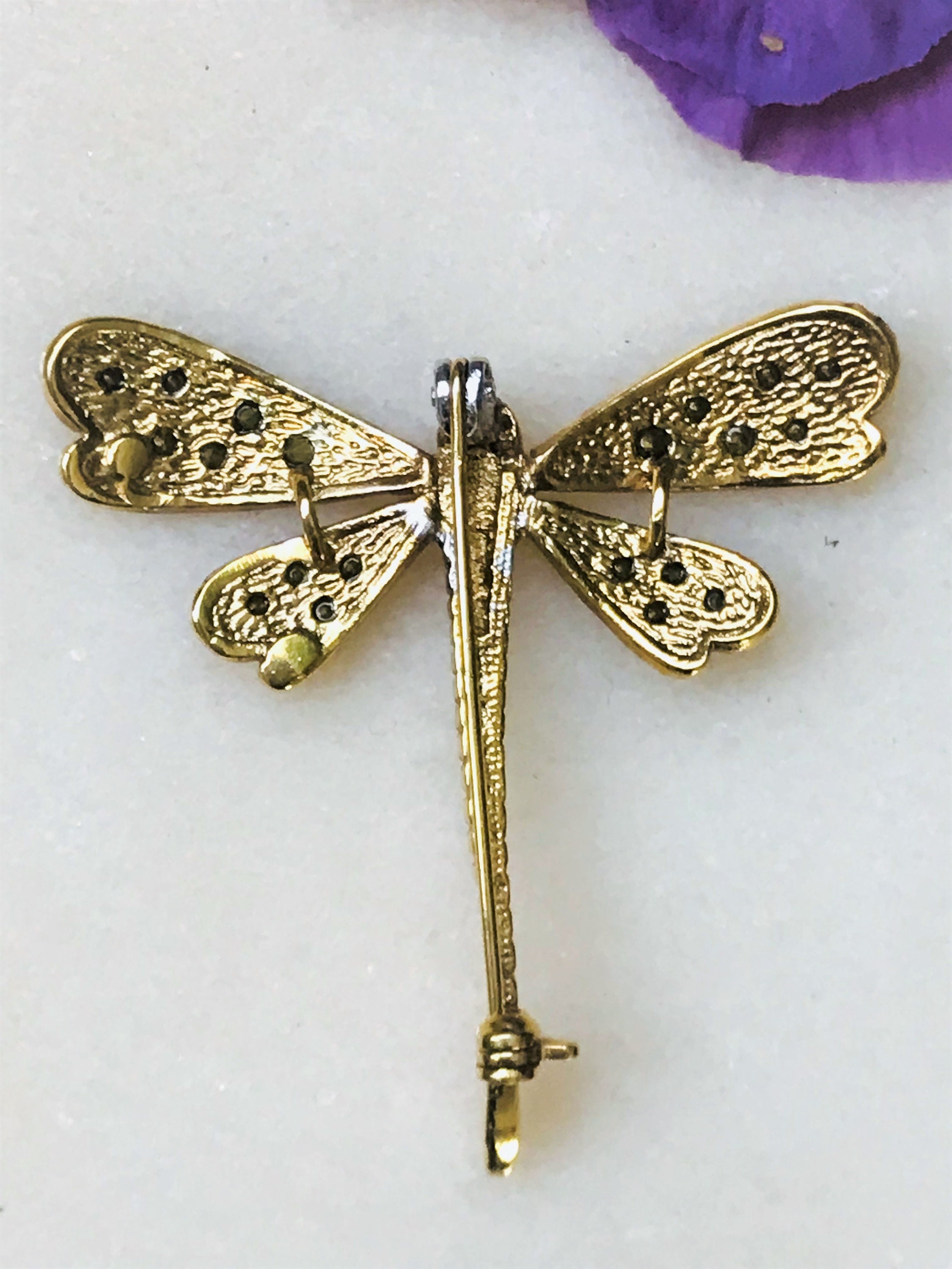 Vintage Dragonfly Brooch Golden Metal Decorated With - Etsy
