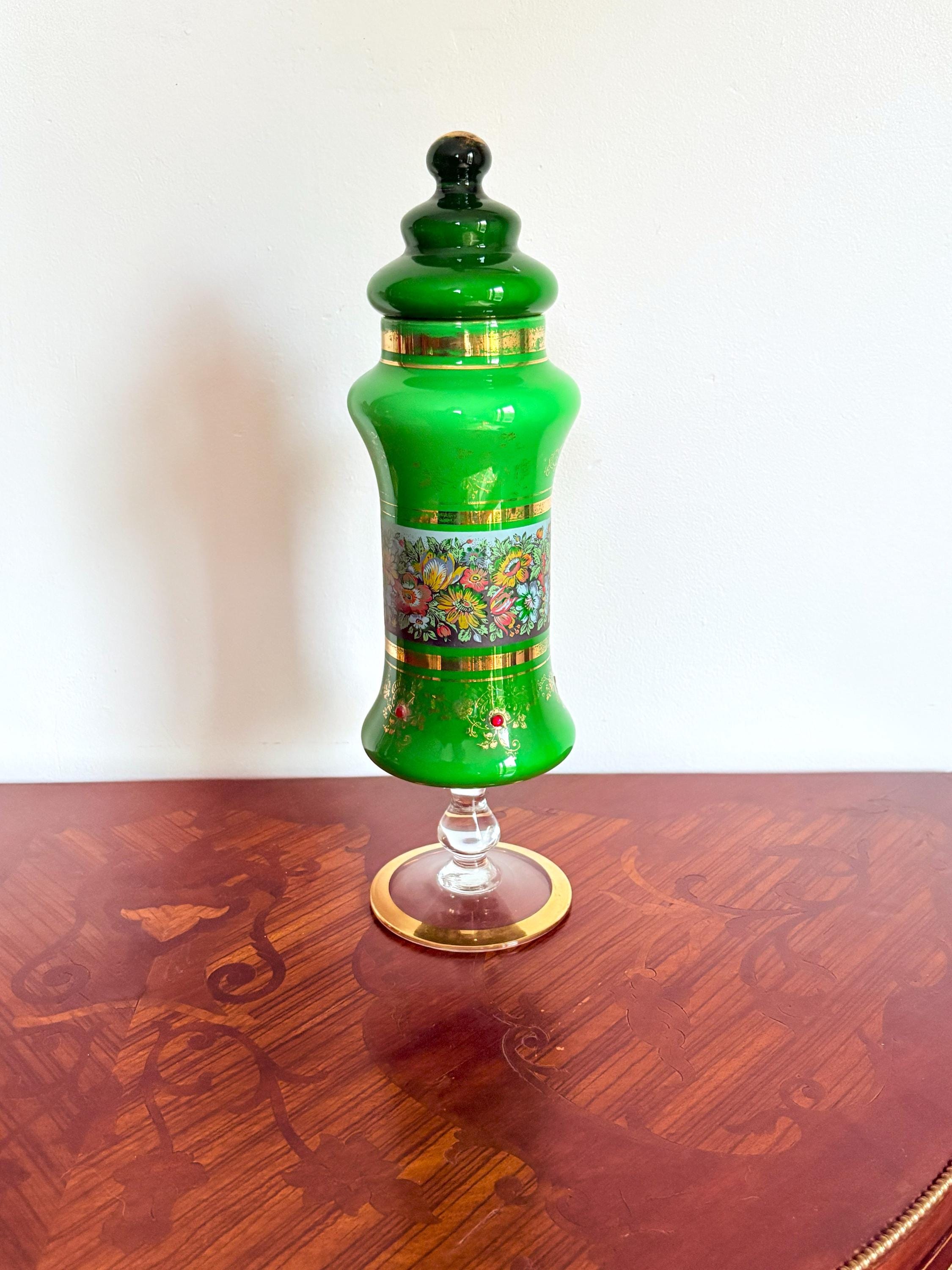 Ensemble Vintage 3 Flacons + 1 Bonbonnière Opaline Verte - Salle De Bain Rétro, Origine France