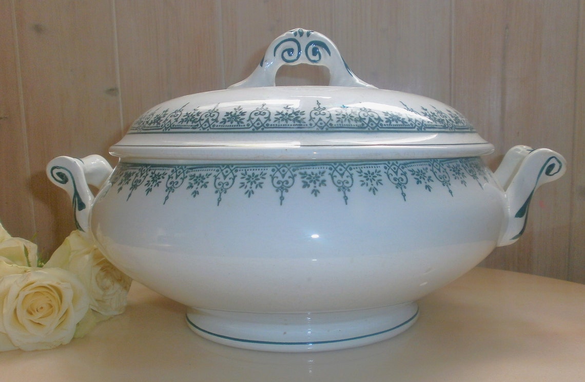 Victorian Antique Ironstone Soup Tureen Floral Blue Etsy