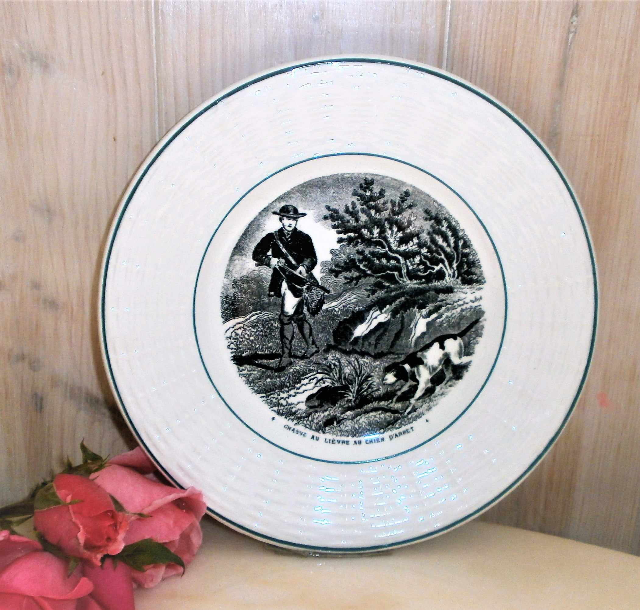 Antique French Digoin & Sarreguemines Black Transferware Plate Chasse Au Lièvre Chien d'arrêt// Hunt
