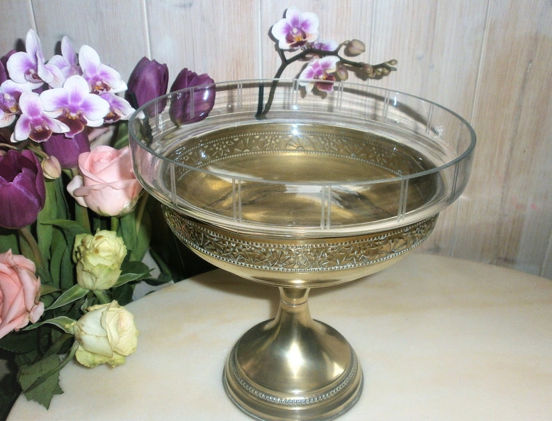 French Antique Fruits Bowl in copper and chiseled crystal glass 1900/'sAntique center table