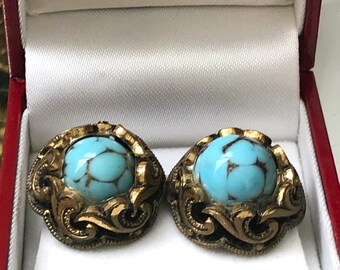 Boucles D'oreilles Pendantes Art Déco - Plaqué Or - Clips Fleurs - Vintage