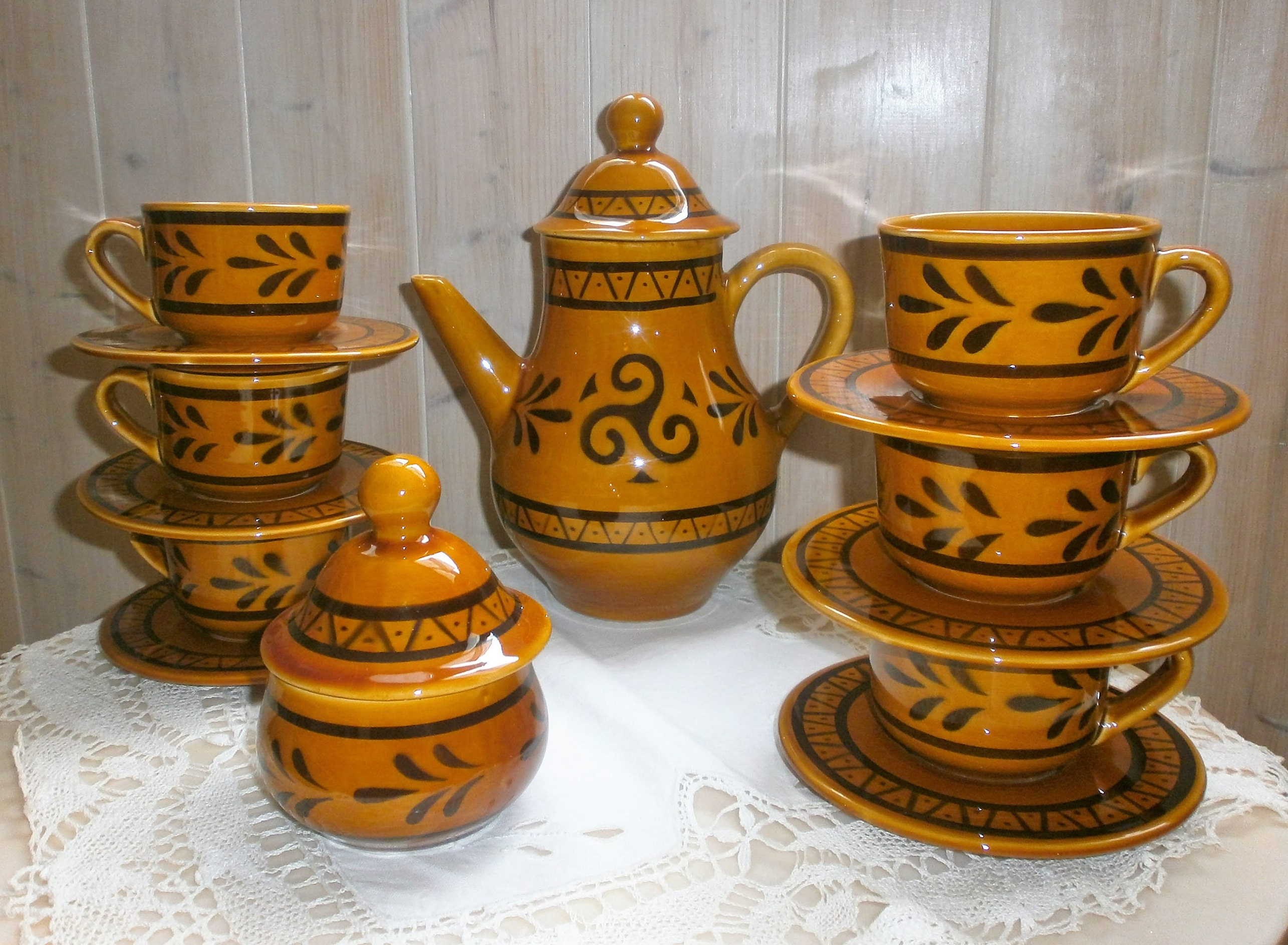 Vintage Celtique Breton Service à Café Argoat Gourin Bretagne, Poterie Traditionnelle Vernissée Déco
