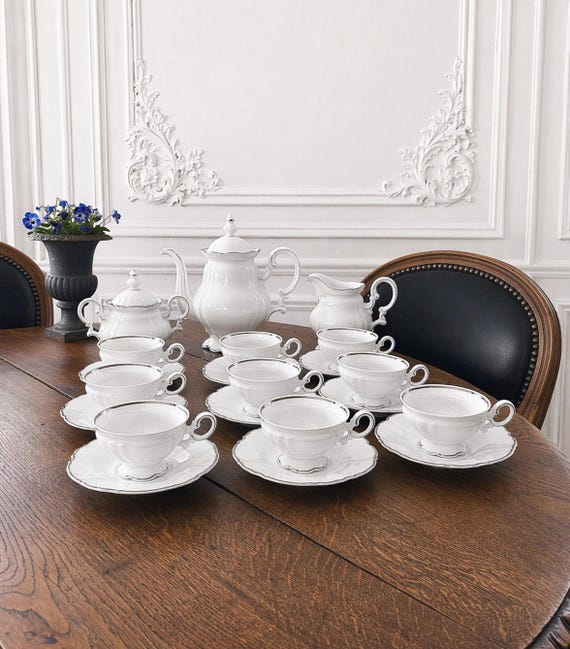 Vintage Hutschenreuther Sylvia Kaffeeservice, weißes Porzellan mit Silberrand, 21-teilig