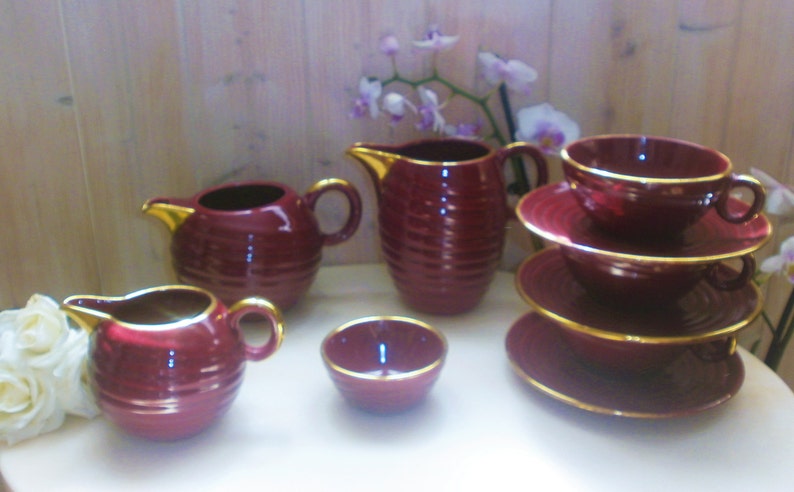 Fran\u00e7ais Vintage Retro Coffee Set Varnished Pottery Red /& Gold of St Clement France 1950s