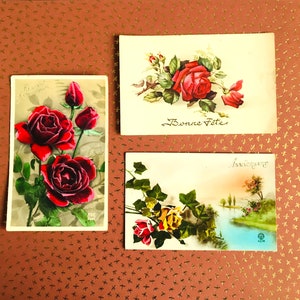 Anciennes Cartes Postales Ecrites Fleurs Roses rouges, colorisées, 1930-1950 France CPA collection