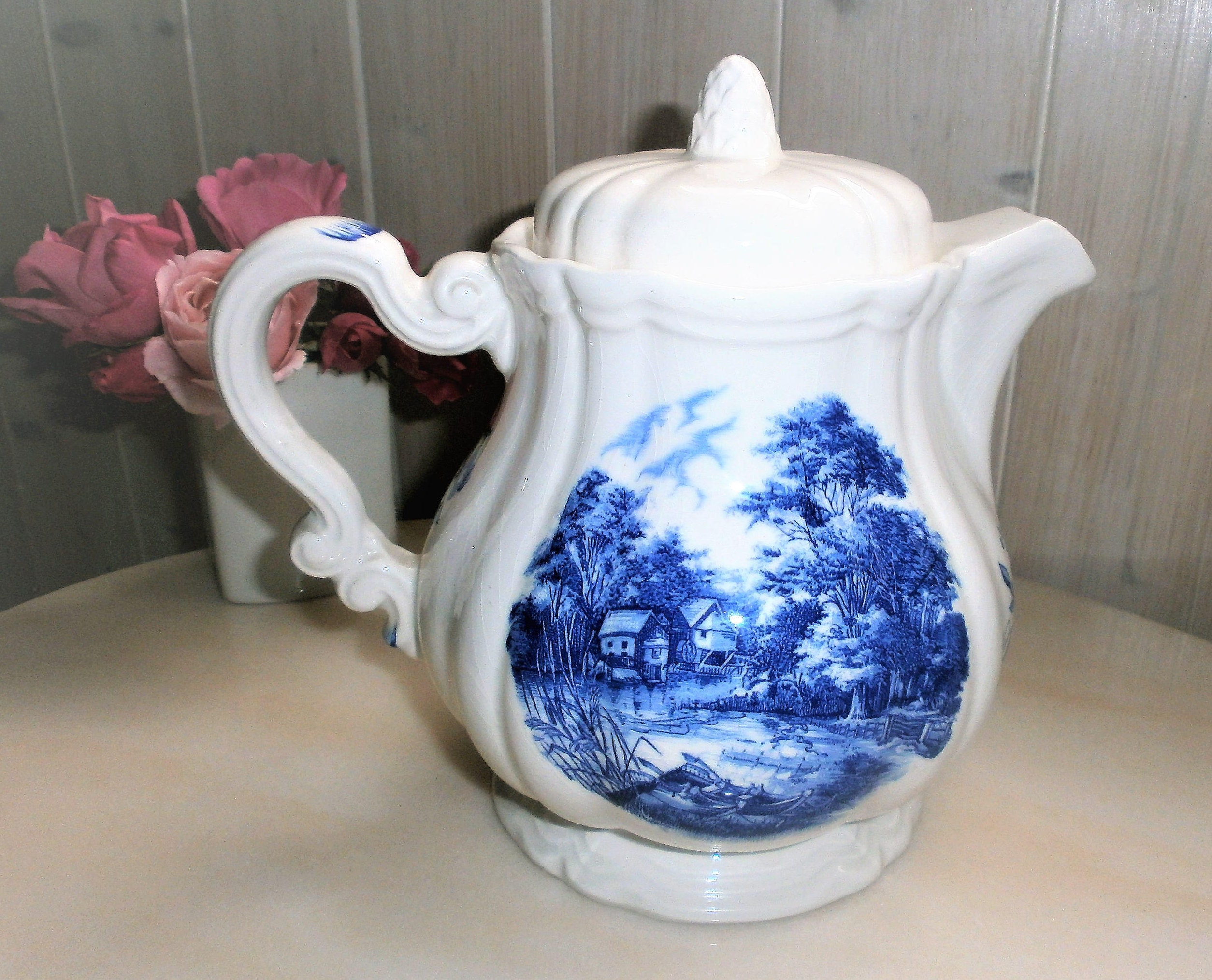 Vintage French Coffee Pot Sarreguemines Romantic Model//Blue Transferware//Cafetière Vintage//Verseu