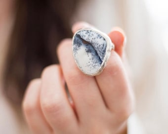 Winterscape Snowy Scene Ring, Large Dendritic Agate Statement Ring For Her UK Size P