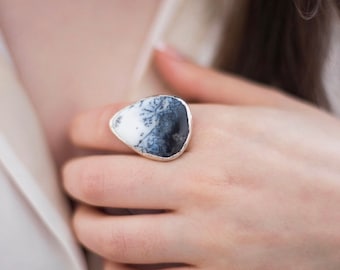 Winterscape Snowy Scene Ring, Large Dendritic Agate Statement Ring For Her UK Size R 1/2