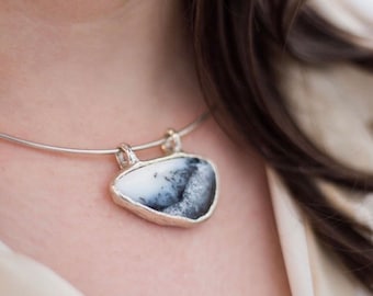 Winterscape snowy scene necklace, dendritic agate silver choker, statement necklace for her