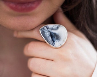 Winterscape Snowy Scene Ring, Large Dendritic Agate Statement Ring For Her UK Size R 1/2