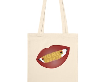 Sacola de compras Juneteenth – Design afrocentrado de lábios e grill | Sacola de algodão reutilizável do orgulho negro | Presente para o Dia da Liberdade | Sacola de compras de lona