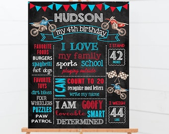May include: A black chalkboard sign with a red and blue color scheme. It says "HUDSON my 4th birthday". The sign lists favorite foods, toys, and things Hudson can do. It also says he is 42 inches tall and weighs 44 pounds.