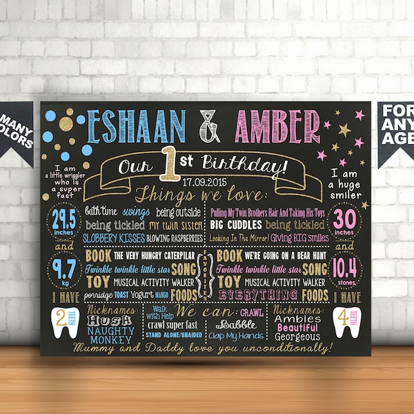 Printable Twin Birthday chalkboard sign / 1st First birthday board for twins boy girl (286)