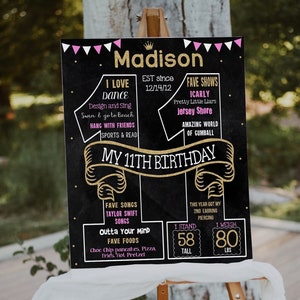 11th Birthday chalkboard sign - 11th party poster banner milestone for girl (875-11)