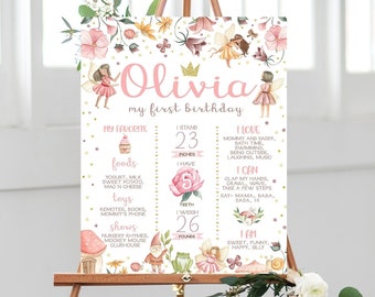May include: A pink and gold first birthday milestone poster with a floral design and a fairy theme. The poster includes the name Olivia, the child's age, height, weight, favorite foods, toys, shows, and things they can do.