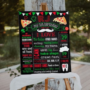 Pizza Party  Birthday chalkboard sign - Custom personalized milestone chalk board poster (464)