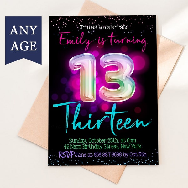 Editable 13th Birthday invitation - Girl Neon Glow Party invite Instant download template digital (22-09)