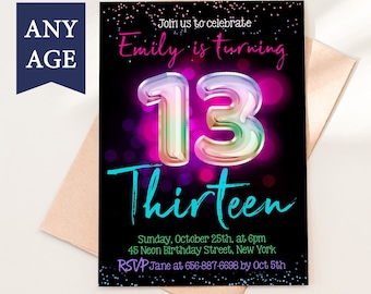 May include: A black and purple birthday invitation with a holographic 13 in the center. The text reads "Join us to celebrate Emily is turning 13 Thirteen" and includes the date, time, and location of the party. RSVP information is included at the bottom.