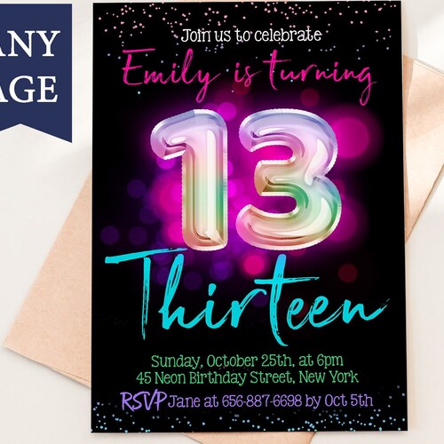 13th Birthday Invitation 13th Birthday Girl Digital Etsy