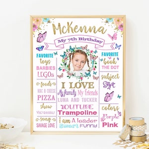 Butterflies 7th Birthday Milestone - Butterfly girl Party chalk board sign with photo - Custom Personalized poster chalkboard banner (1026)