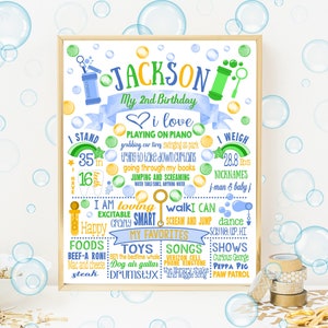 Puede incluir: Un póster de cumpleaños personalizado para Jackson, de 2 años, con ilustraciones y texto lúdicos. El póster incluye la altura del niño (89 cm), el peso (13,1 kg), comidas, juguetes, canciones y programas favoritos. El diseño es en azul, verde y amarillo.