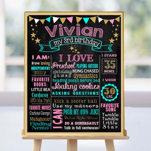 3rd Birthday chalkboard - 4th 5th Party Milestone board - chalk board sign Custom Personalized for a girl 6th 7th 8th 9th (199)