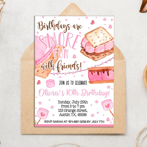 Editable S'more Birthday Invitation - Pink Smore Bonfire Invite - Backyard Camping Instant download template for girl (20-33)