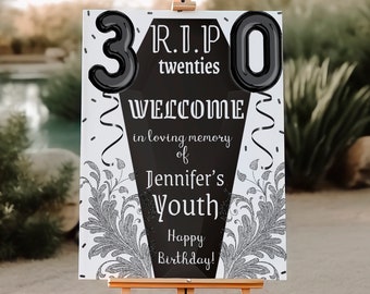 Funeral for my Youth Birthday party Welcome sign - Death to 20s Birthday -  RIP  Twenties - 24-06