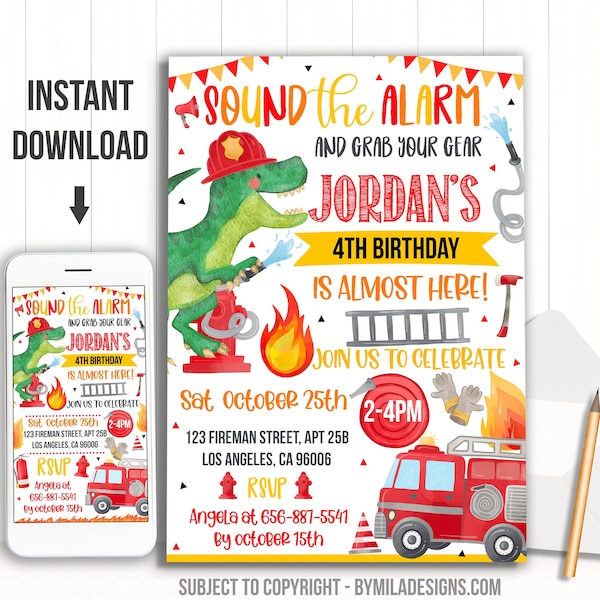 Dinosaur Firefighter Birthday Party Invitation - Fireman Dino invite - instant download template digital (22-51)