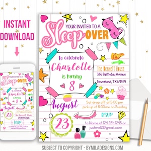 Editable Sleepover Party Invitation - Slumber Birthday Invite - Instant download template for girl - Digital Custom Personalized  (22-26)