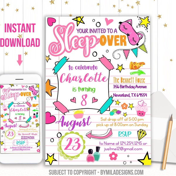 Editable Sleepover Party Invitation - Slumber Birthday Invite - Instant download template for girl - Digital Custom Personalized  (22-26)