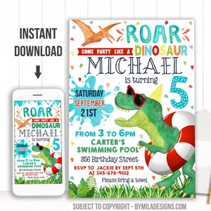 Editable Dinosaur Pool Party Invitation - Swim Birthday invite - Dino Instant download template digital (22-33)
