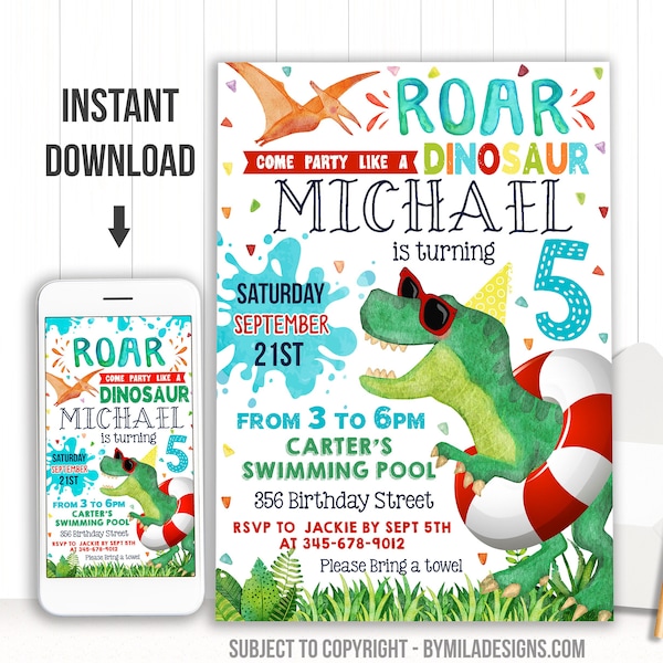 Editable Dinosaur Pool Party Invitation - Swim Birthday invite - Dino Instant download template digital (22-33)