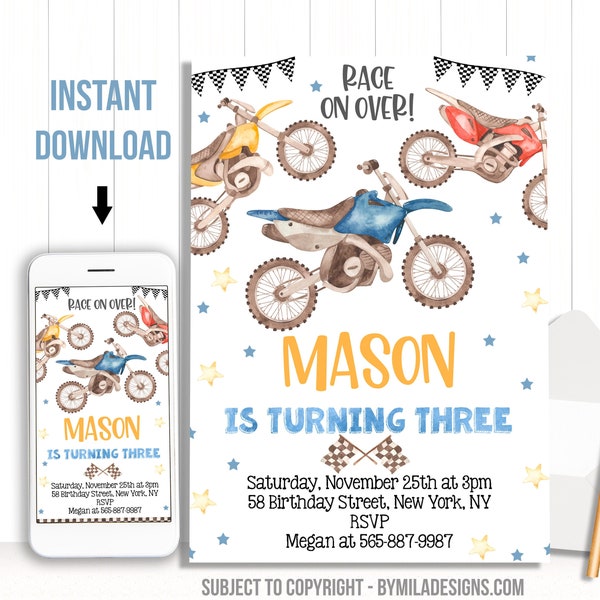 Dirt bike Birthday Party invitation - Motocross off-road Motorbike Bday invites for a boy - Edit template Custom 22-63