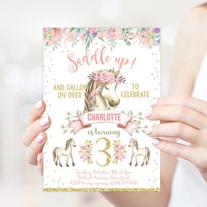 Editable Horse birthday invitation - Cowgirl party invite card - template instant digital (21-6)