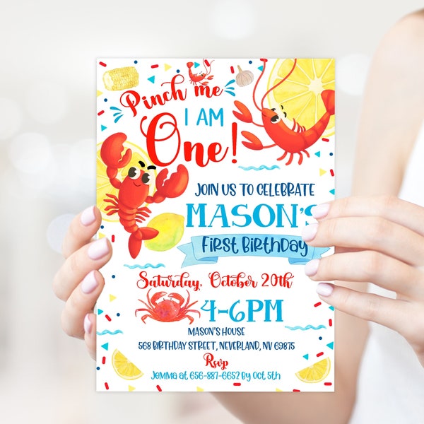 Editable Crawfish boil Birthday invitation - Pinch me I am one First Party invite - 1st Birthday Instant download template digital (22-18)