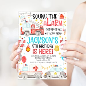 First Responders Birthday Party Invitation - Calling All Units, Emergency Vehicles Invite - Boy Fire Truck, Ambulance, Police, Rescue 22-50)