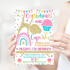 Editable Cartwheels and Cupcakes Birthday invitation - Gymnastics Party invite - Tumbling Birthday Instant download template digital (22-08)