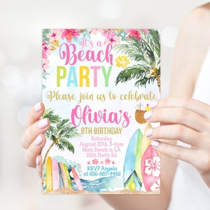 Editable Girl Surfing Beach Party Birthday Invitation - Etsy