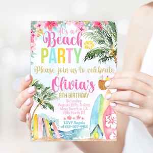 Editable Girl Surfing Beach Party Birthday Invitation - Surf&#39;s Up Surfboard Edit Invite Template Digital (22-38)