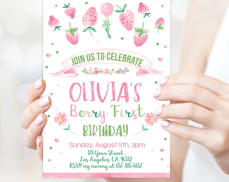 Berry First birthday invitation Strawberry party invite card Strawberry theme template instant digital 2119
